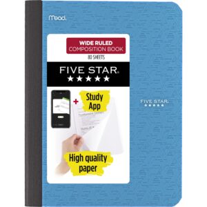 Five Star Composition Book Plus Study App, Wide Ruled, 80 Sheets, 7.5″ x 9.75″, Tidewater Blue