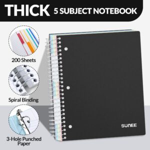 SUNEE 5 Subject College Ruled Spiral Notebook, 400 Pages, 8.5 x 11 Inches, Black - Image 4