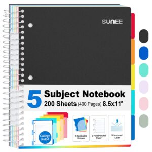 SUNEE 5 Subject College Ruled Spiral Notebook, 400 Pages, 8.5 x 11 Inches, Black - Image 6