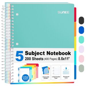 SUNEE 5 Subject College Ruled Spiral Notebook, 400 Pages, 8.5 x 11 Inches, Black - Image 15