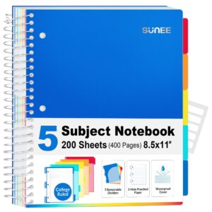 SUNEE 5 Subject College Ruled Spiral Notebook, 400 Pages, 8.5 x 11 Inches, Black - Image 21