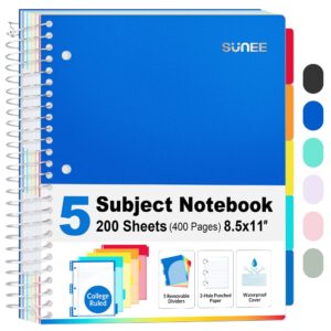 SUNEE 5 Subject College Ruled Spiral Notebook, 400 Pages, 8.5 x 11 Inches, Black - Image 27