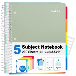 SUNEE 5 Subject College Ruled Spiral Notebook, 400 Pages, 8.5 x 11 Inches, Black - Image 31