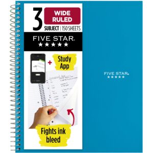 Five Star 3 Subject Wide Ruled Notebook Plus Study App, 8" x 10.5", Tidewater Blue, Poly, Spiral, 150 Sheets - Image 1