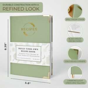The Kikaze Collection | Artisan Blank Recipe Book for 60 Recipes | 8.4" x 6" Leather Sage Green & Gold Hardcover | Heirloom Journal to Write in Your Own Recipes | Tabs, Stickers, Pocket & Bookmarks - Image 2