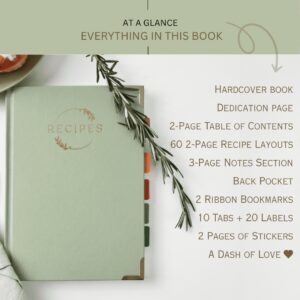 The Kikaze Collection | Artisan Blank Recipe Book for 60 Recipes | 8.4" x 6" Leather Sage Green & Gold Hardcover | Heirloom Journal to Write in Your Own Recipes | Tabs, Stickers, Pocket & Bookmarks - Image 3