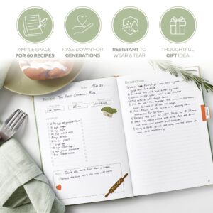 The Kikaze Collection | Artisan Blank Recipe Book for 60 Recipes | 8.4" x 6" Leather Sage Green & Gold Hardcover | Heirloom Journal to Write in Your Own Recipes | Tabs, Stickers, Pocket & Bookmarks - Image 6