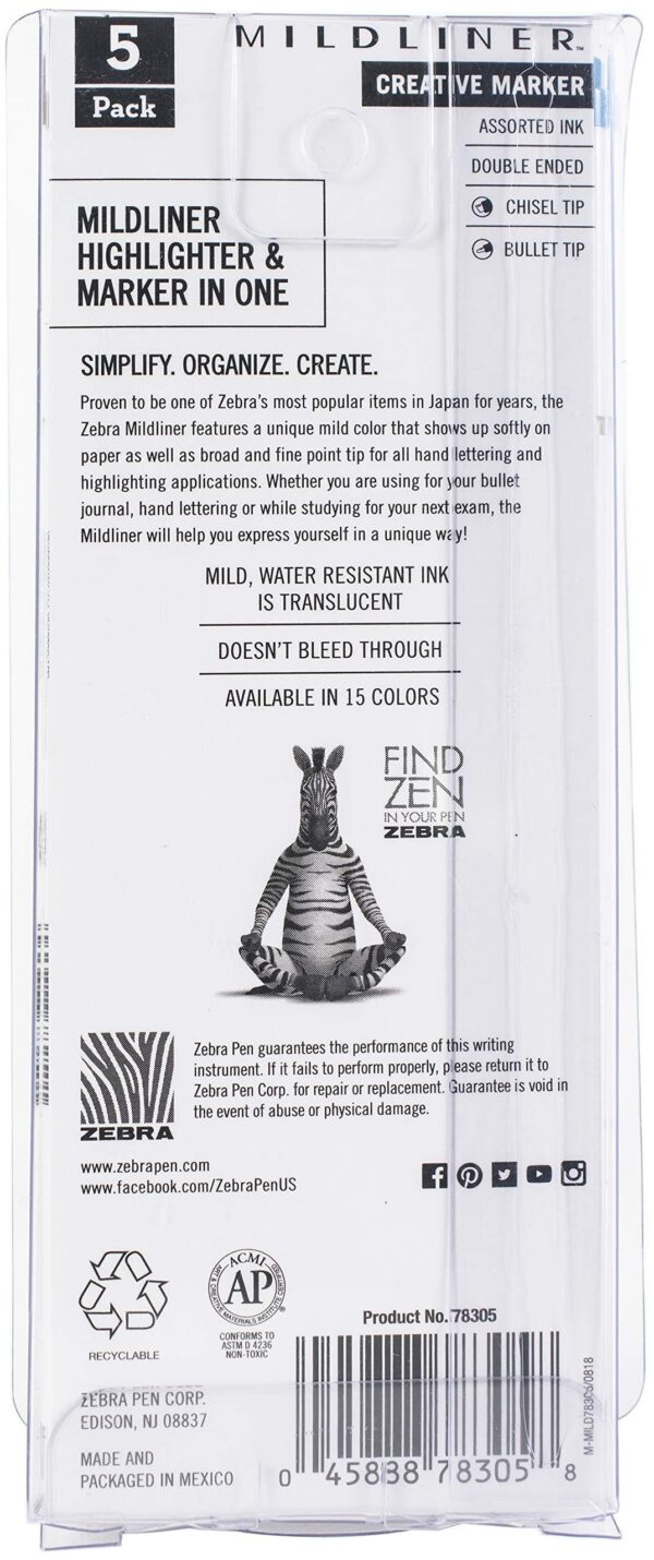 Zebra Pen Mildliner Double Ended Markers, Assorted Colors, Bold and Fine Point, 5 Count