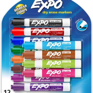 EXPO Low Odor Dry Erase Markers, Chisel Tip, Assorted Colors, 12 Count