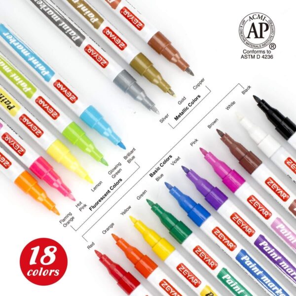 ZEYAR Paint Markers, AP Certified, Extra Fine Point, 18 colors, Permanent & Waterproof ink, Works on Rock, Wood, Glass, Metal and Ceramic and Almost All Surfaces