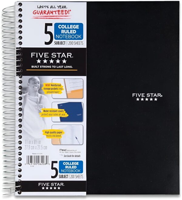 Five Star Spiral Notebook + Study App, 5 Subject, College Ruled Paper, 11″ X 8-1/2″, 200 Sheets, Black, 1 Count (72081)