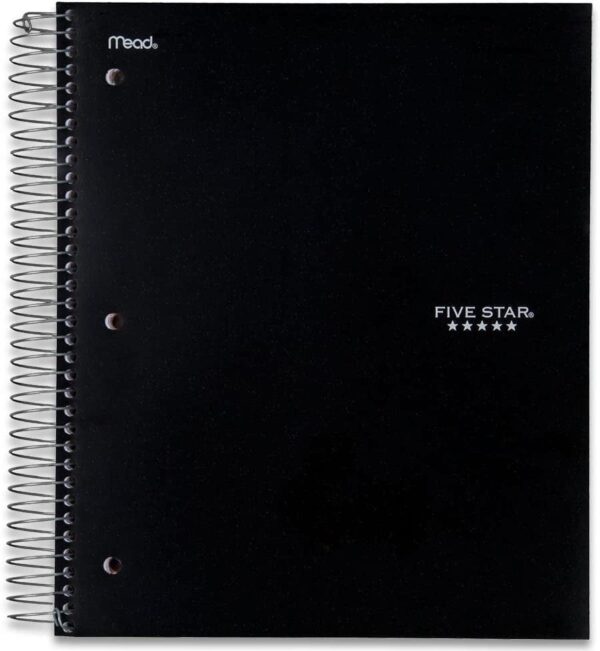 Five Star Spiral Notebook + Study App, 5 Subject, College Ruled Paper, 11″ X 8-1/2″, 200 Sheets, Black, 1 Count (72081)