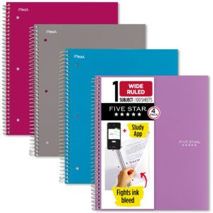 Five Star Spiral Notebook + Study App, 1 Subject, Wide Ruled, 8" x 10.5", 4 Pack - Image 1
