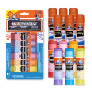 Elmer’s Color ‘n Glitz Glue Sticks, Washable, Assorted Colors, 6 Grams, 12 pack
