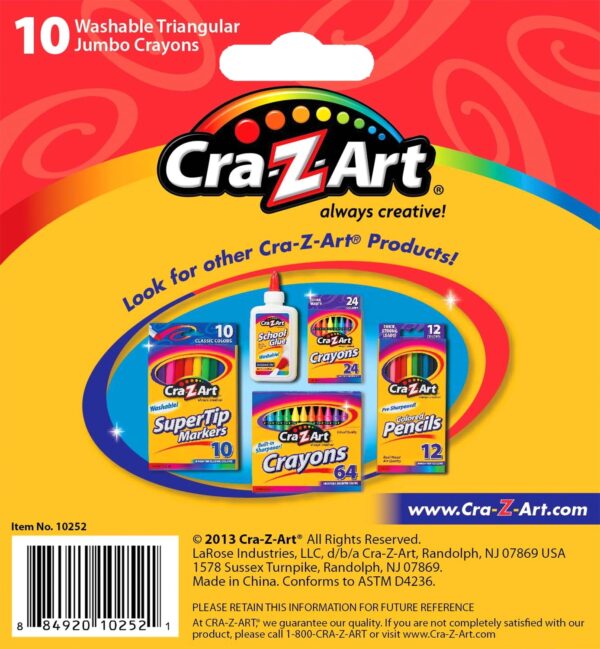 Cra-Z-Art Jumbo Washable Triangular Crayons, 10 Assorted Colors, School Supplies