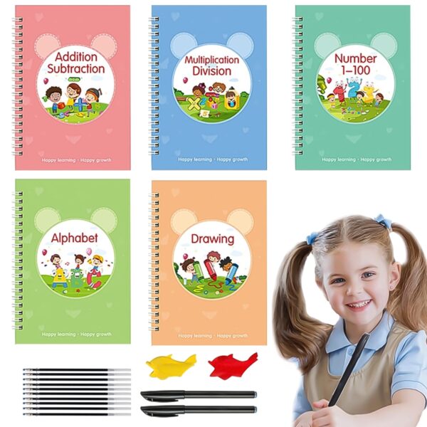 5 Pcs Magic Practice Copybook, Reusable Grooved Handwriting Workbooks for Age 3-8 Calligraphy 5 Pcs Magic Practice Copybook, Reusable Grooved Handwriting Workbooks for Age 3-8 Calligraphy