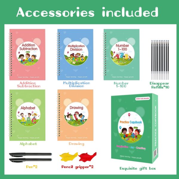 5 Pcs Magic Practice Copybook, Reusable Grooved Handwriting Workbooks for Age 3-8 Calligraphy