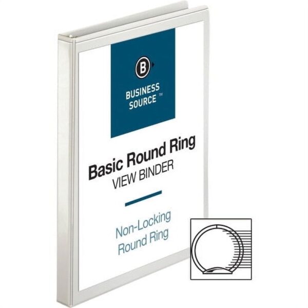 Business Source Round-ring View Binder 1/2″ Binder Capacity – Letter – 8 1/2″ x 11″ Sheet Size – 125 Sheet Capacity – Round Ring Fastener(s) – 2 Internal Pocket(s) – Polypropylene – White – Wrinkle-fr