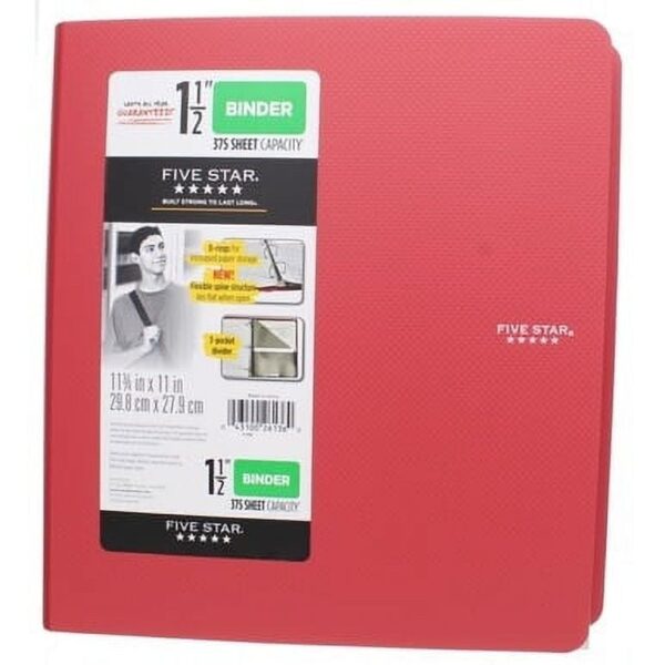 FIVE STAR Polypropylene, Letter Size, 1.5 In, 3 Round Ring Binder, Red FIVE STAR Polypropylene, Letter Size, 1.5 In, 3 Round Ring Binder, Red