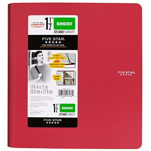 FIVE STAR Polypropylene, Letter Size, 1.5 In, 3 Round Ring Binder, Red