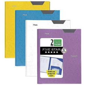 Five Star 2-Pocket Folder, 4 Pack, Plastic Folder with Stay-Put Tabs and Prong Fasteners, Holds 8-1/2″ x 11″ Paper, Tidewater Blue, White, Amethyst Purple, Harvest Yellow (38064)