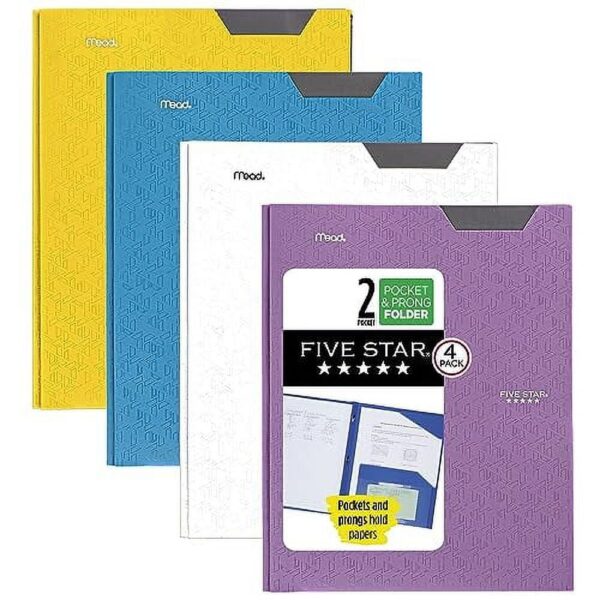 Five Star 2-Pocket Folder, 4 Pack, Plastic Folder with Stay-Put Tabs and Prong Fasteners, Holds 8-1/2″ x 11″ Paper, Tidewater Blue, White, Amethyst Purple, Harvest Yellow (38064)