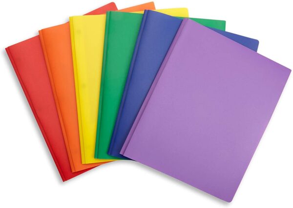 Multicolor Plastic Two Pocket Folders with Prongs, 6 Pack