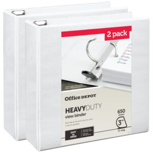 Office Depot® Heavy-Duty View 3-Ring Binder, 3″ D-Rings, White, 49% Recycled, Pack Of 2