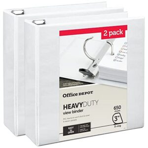 Office Depot® Heavy-Duty View 3-Ring Binder, 3″ D-Rings, White, 49% Recycled, Pack Of 2