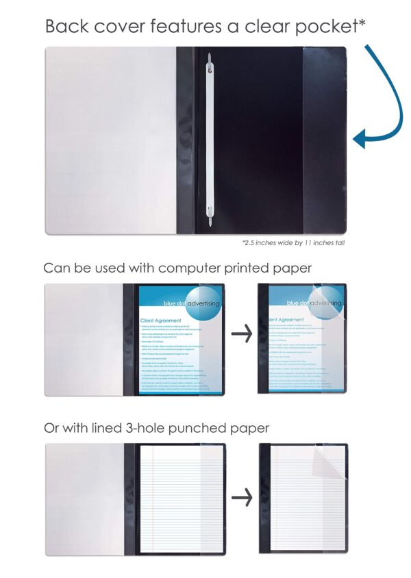 Ultra Durable Clear Front Report Covers, 25 Per Box, Letter Size, Black, Poly Back Cover, with Fasteners, Lay Flat, by Better Office Products, Box of 25
