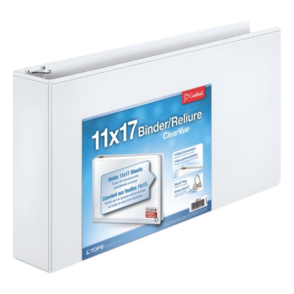 Cardinal 11 x 17 ClearVue Slant-D Ring Binder, 3″ Cap, White