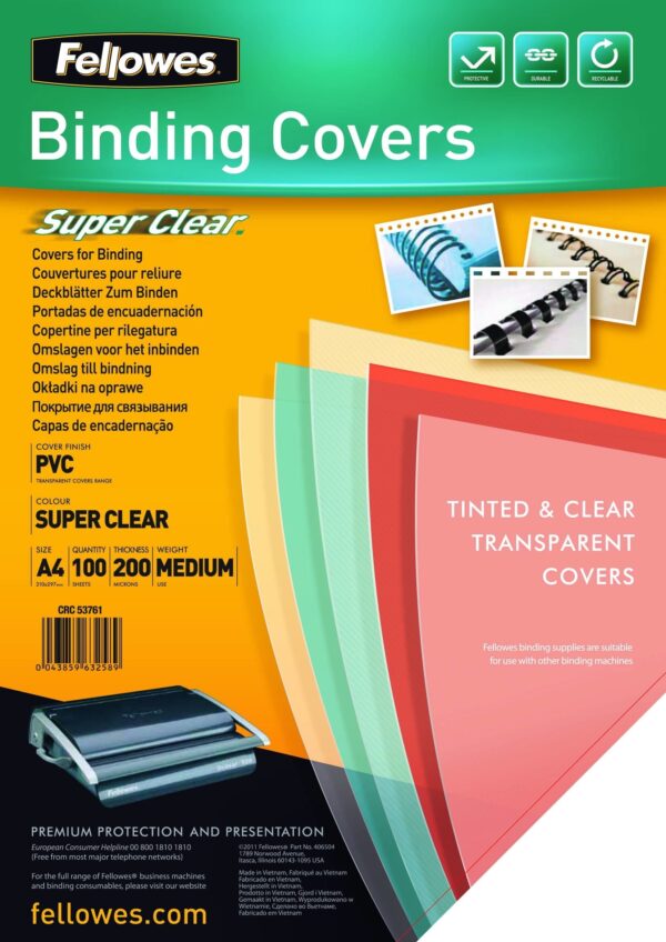 Fellowes A4 Binding Covers, PVC 150 Micron, Clear, Pack of 100, 5376001
