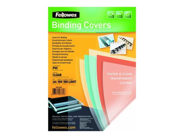 Fellowes A4 Binding Covers, PVC 150 Micron, Clear, Pack of 100, 5376001