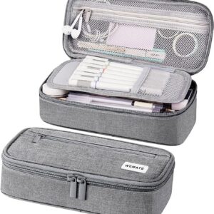WEMATE Large Pencil Case with Zipper, Big Capacity, Canvas Pencil Case,Light Grey