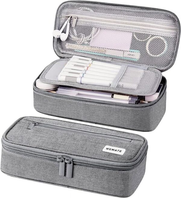 WEMATE Large Pencil Case with Zipper, Big Capacity, Canvas Pencil Case,Light Grey