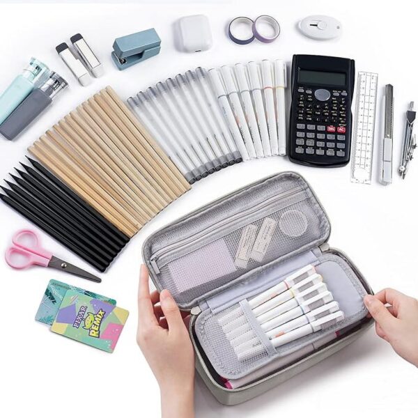 WEMATE Large Pencil Case with Zipper, Big Capacity, Canvas Pencil Case,Light Grey