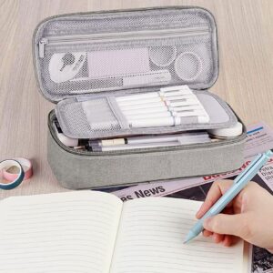 WEMATE Large Pencil Case with Zipper, Big Capacity, Canvas Pencil Case,Light Grey
