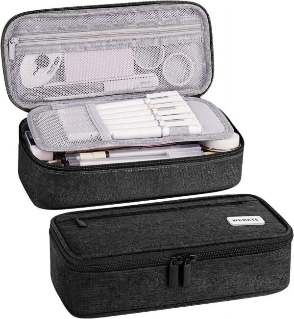 WEMATE Large Pencil Case with Zipper, Big Capacity, Canvas Pencil Case,Light Grey