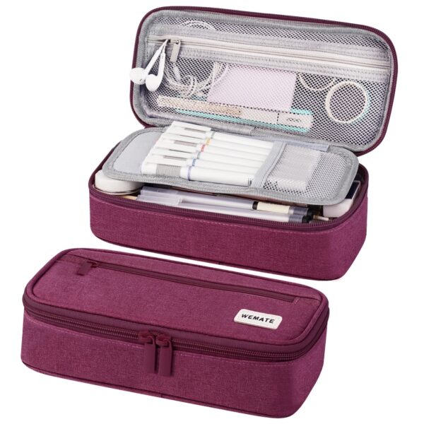 WEMATE Large Pencil Case with Zipper, Big Capacity, Canvas Pencil Case,Light Grey