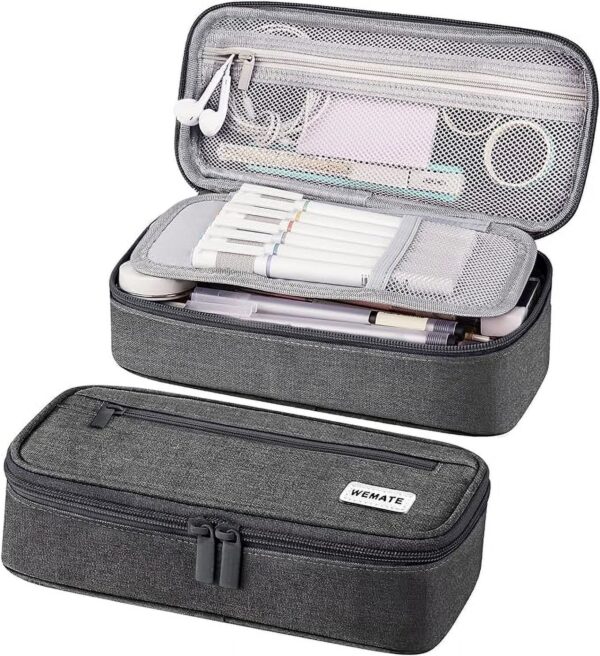 WEMATE Large Pencil Case with Zipper, Big Capacity, Canvas Pencil Case,Light Grey