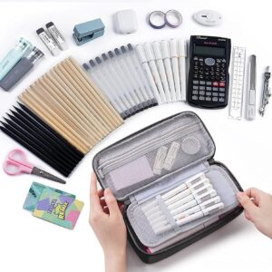 WEMATE Large Pencil Case with Zipper, Big Capacity, Canvas Pencil Case,Light Grey