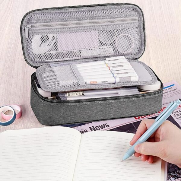 WEMATE Large Pencil Case with Zipper, Big Capacity, Canvas Pencil Case,Light Grey