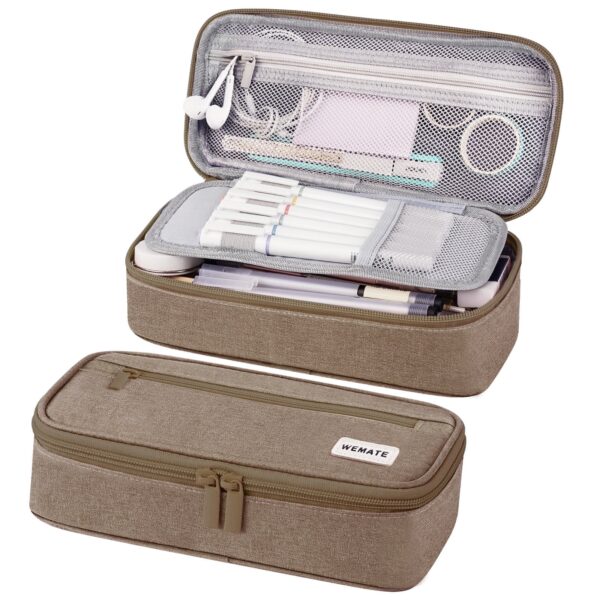 WEMATE Large Pencil Case with Zipper, Big Capacity, Canvas Pencil Case,Light Grey