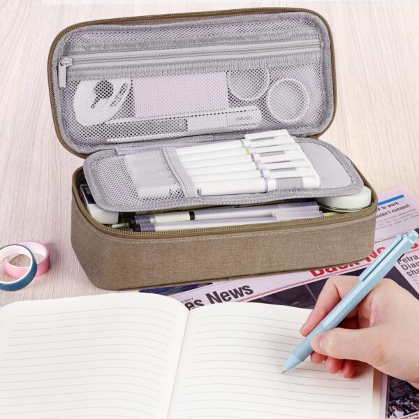 WEMATE Large Pencil Case with Zipper, Big Capacity, Canvas Pencil Case,Light Grey
