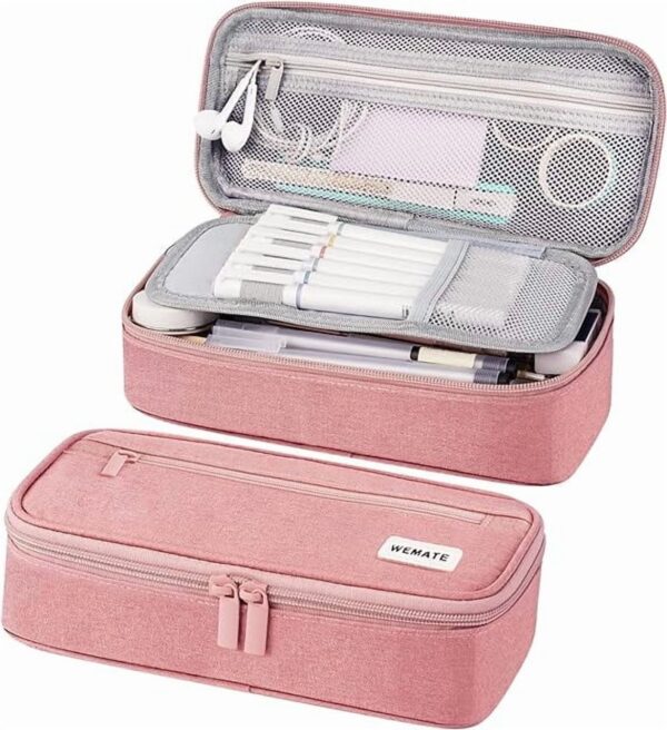 WEMATE Large Pencil Case with Zipper, Big Capacity, Canvas Pencil Case,Light Grey