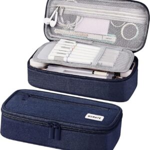 WEMATE Large Pencil Case with Zipper, Big Capacity, Canvas Pencil Case,Light Grey