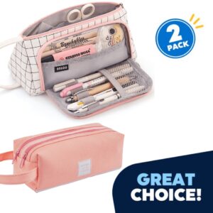 Jeexi Large Capacity Colored Canvas 2 Pack - Storage Pouch Marker Pen Pencil Case Simple Stationery Bag Holder For Middle High School Office College Student Girl Women Adult Teen Gift White Plaid - Image 1