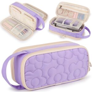 Pencil Case For Girls,Flower Quilted Large Capacity Pencil Pouch With 2 Compartment, Zipper Pencil Bag With Handle, Women Soft Pencil Box For Middle School Office College - Image 13