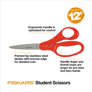 Fiskars Student Scissors, 7″, Pointed, School Supplies for Kids 12 & Older, Red