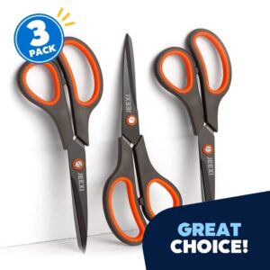 JEEXI 8″ Titanium Non-Stick Multipurpose Scissors, Extra Sharp Stainless Steel Blades, Soft Grip Handle, Heavy Duty for Office, Craft, and Home Use, DIY (3 Pack)